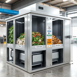 A highly detailed 3D rendering of an industrial grinding machine designed for waste processing, featuring five distinct compartments specializing in leaves, plastics, kitchen waste, glass, and papers