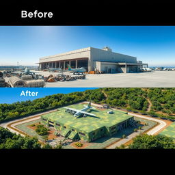 A detailed representation of an aircraft manufacturing plant before and after camouflage application