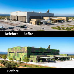A detailed representation of an aircraft manufacturing plant before and after camouflage application