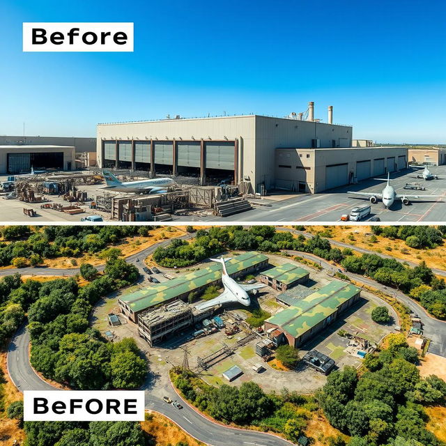 A detailed representation of an aircraft manufacturing plant before and after camouflage application