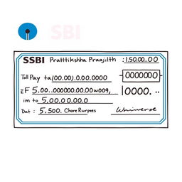 A detailed illustration of a pay cheque featuring the following elements: On the top section of the cheque, prominently display the bank name 'SBI' in bold letters