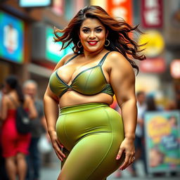 A curvy woman with big breasts and a voluptuous figure, wearing a stylish and form-fitting outfit that accentuates her shape