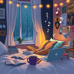A cozy bedroom scene at night, softly illuminated by fairy lights, with a person sitting cross-legged on a bed surrounded by books and a laptop
