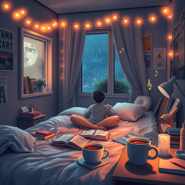 A cozy bedroom scene at night, softly illuminated by fairy lights, with a person sitting cross-legged on a bed surrounded by books and a laptop