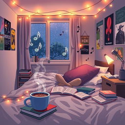 A cozy bedroom scene at night, softly illuminated by fairy lights, with a person sitting cross-legged on a bed surrounded by books and a laptop