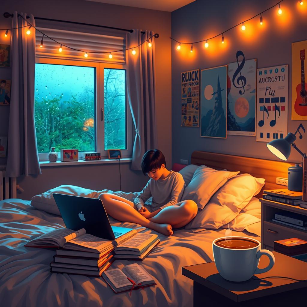 A cozy bedroom scene at night, softly illuminated by fairy lights, with a person sitting cross-legged on a bed surrounded by books and a laptop