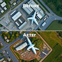 An aerial view of an airplane manufacturing facility showing a before and after camouflage