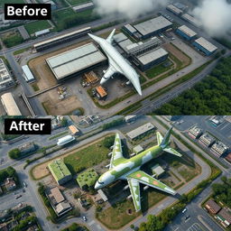 An aerial view of an airplane manufacturing facility showing a before and after camouflage