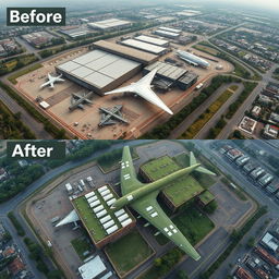 An aerial view of an airplane manufacturing facility showing a before and after camouflage
