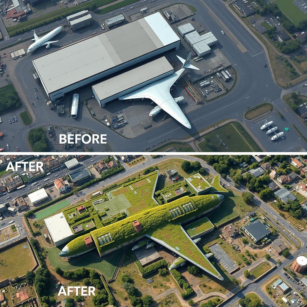 An aerial view of an airplane manufacturing facility showing a before and after camouflage