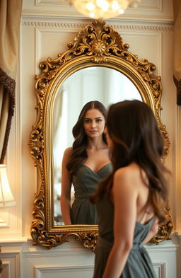 A beautiful woman standing in front of an elegant vintage mirror, her reflection capturing her serene expression