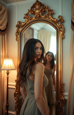A beautiful woman standing in front of an elegant vintage mirror, her reflection capturing her serene expression