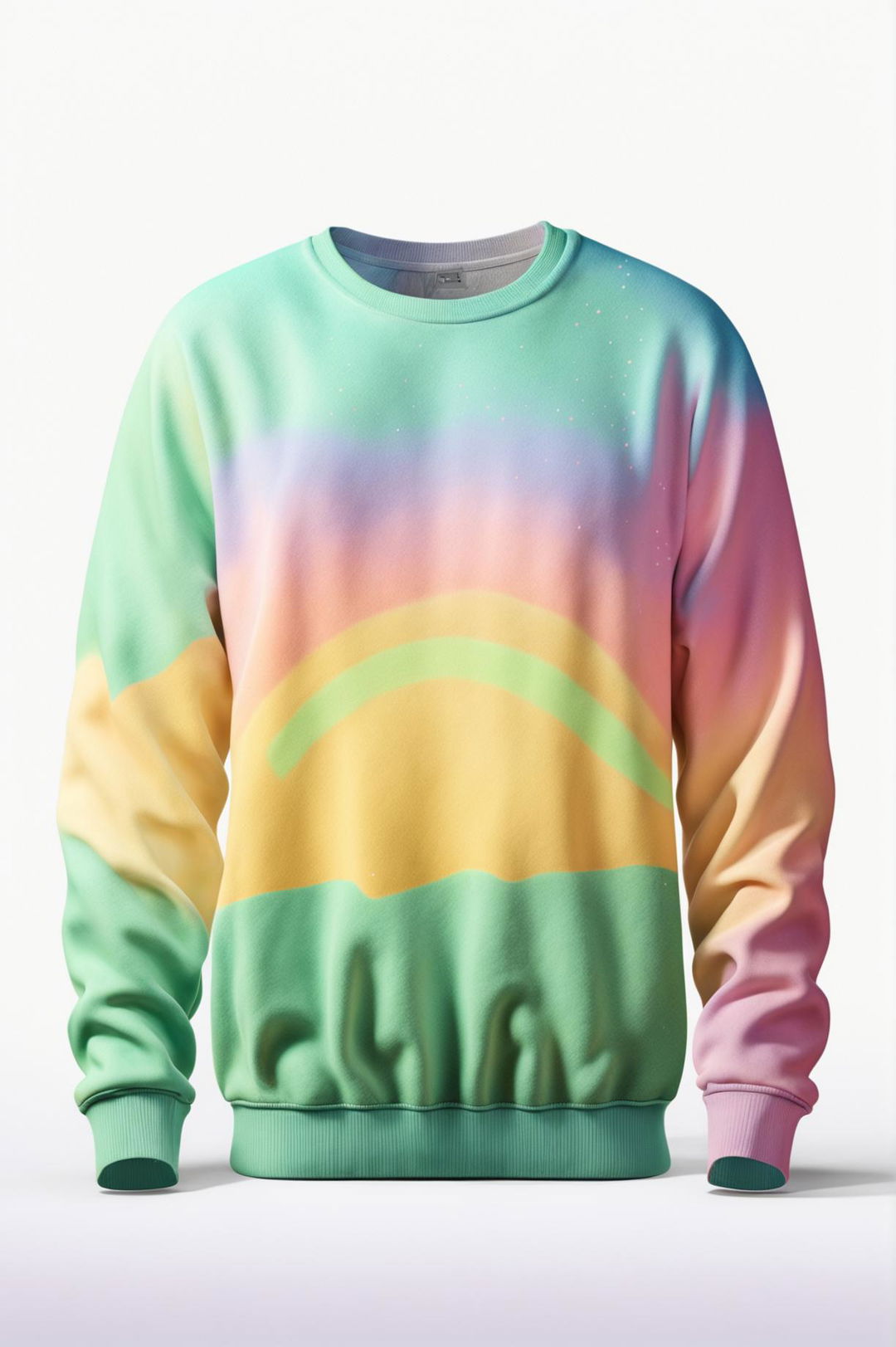 A high-resolution 3D rendered image of a luxurious alpaca hair crewneck sweatshirt in pastel hues, featuring a cosmic rainbow print