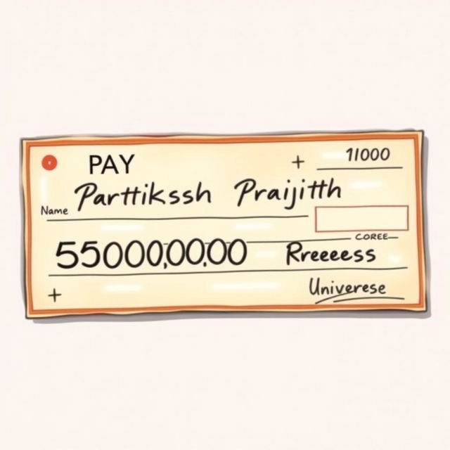 A detailed illustration of a realistic pay cheque, prominently featuring the name 'Pratiksha Prajith' written on the first line in an elegant font