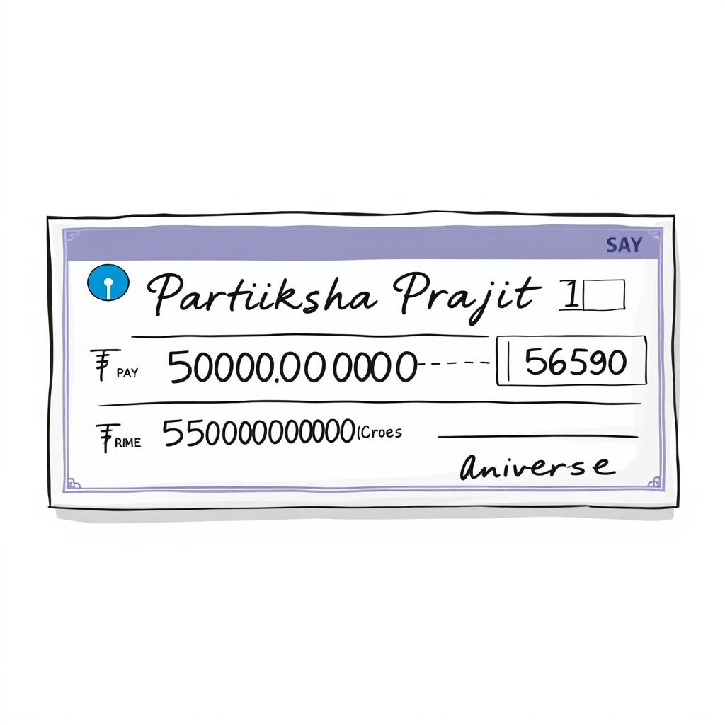 A detailed illustration of a realistic pay cheque, prominently featuring the name 'Pratiksha Prajith' written on the first line in an elegant font