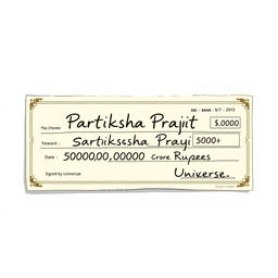 A realistic and detailed illustration of a pay cheque designed for a fictional character named 'Pratiksha Prajith'