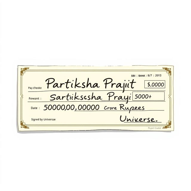 A realistic and detailed illustration of a pay cheque designed for a fictional character named 'Pratiksha Prajith'