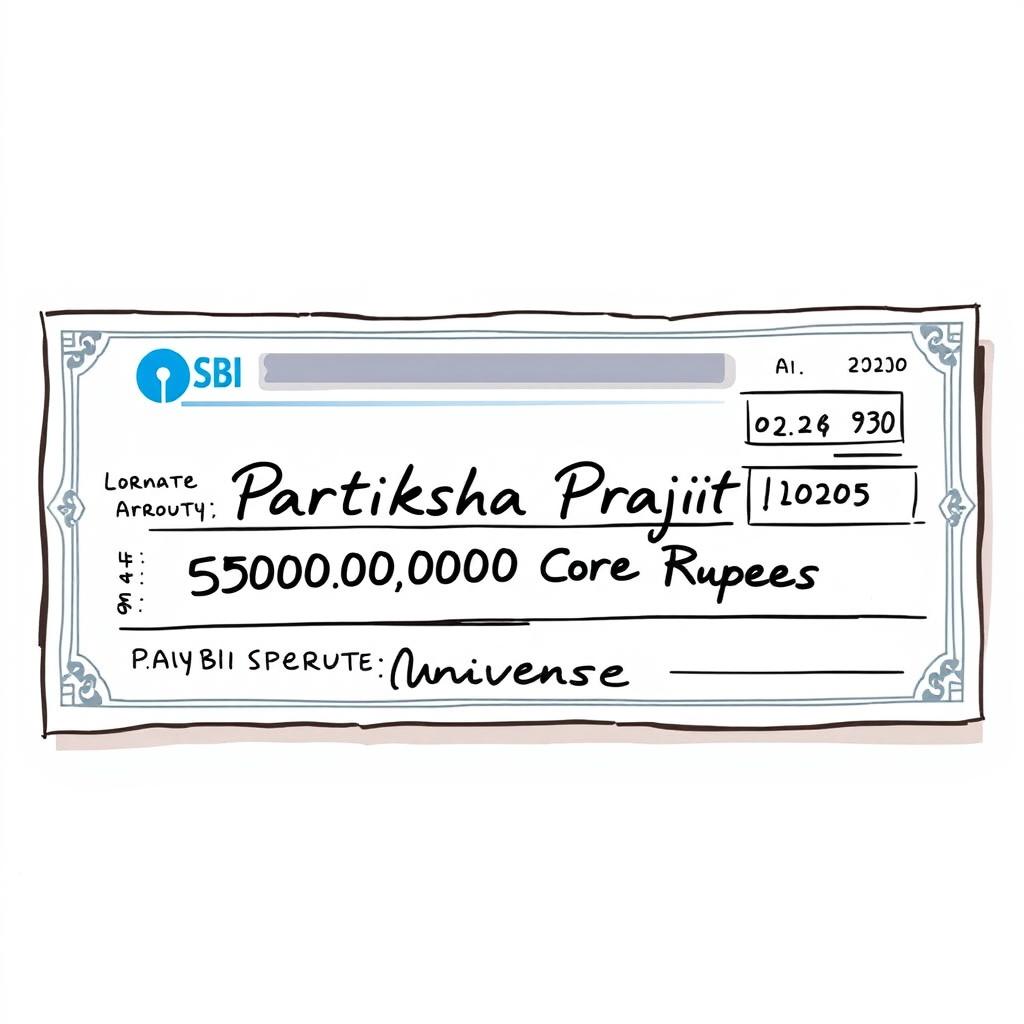 A realistic and detailed illustration of a pay cheque designed for a fictional character named 'Pratiksha Prajith'