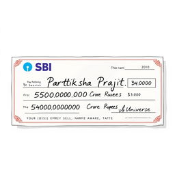 A realistic and detailed illustration of a pay cheque designed for a fictional character named 'Pratiksha Prajith'