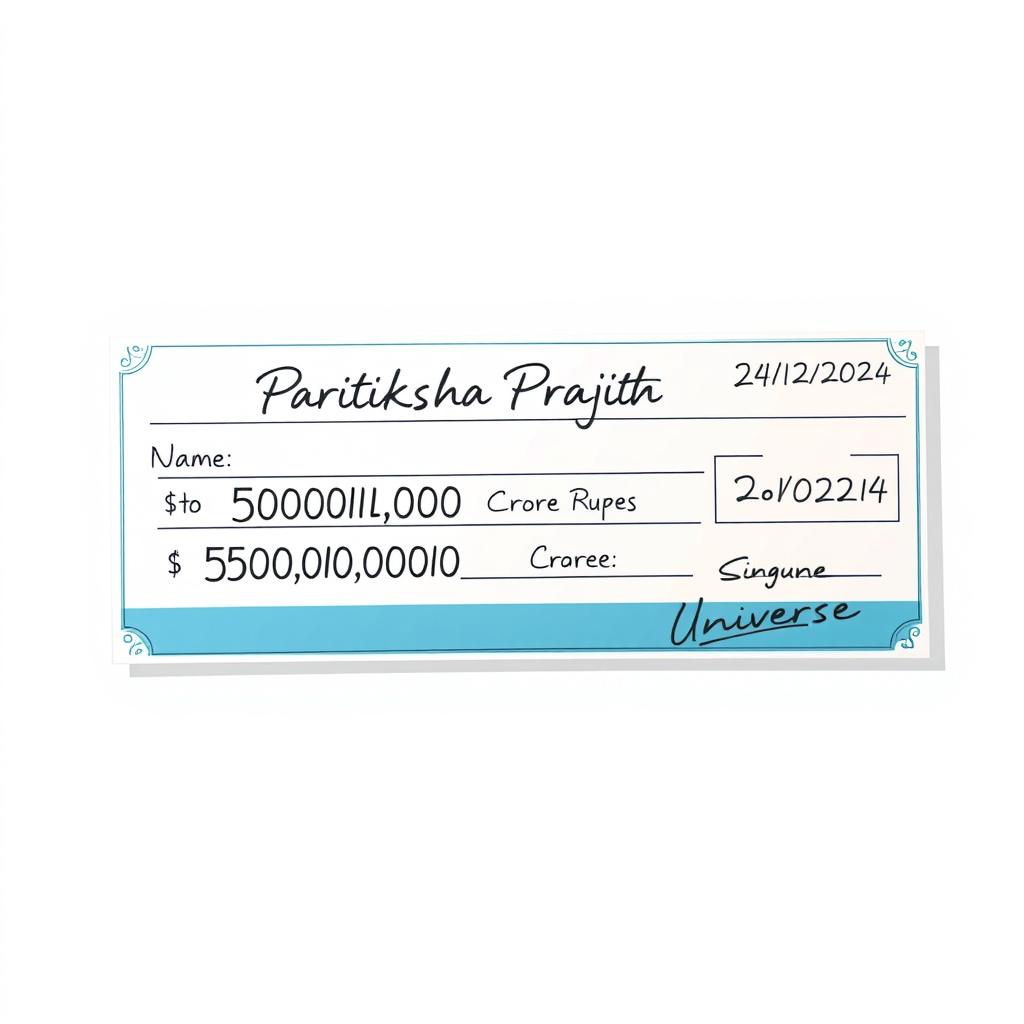 A realistic and detailed illustration of a pay cheque designed for a fictional character named 'Pratiksha Prajith'