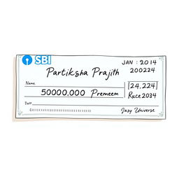 A realistic and detailed illustration of a pay cheque designed for a fictional character named 'Pratiksha Prajith'
