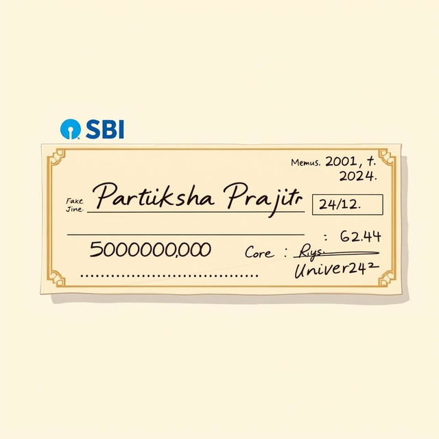 A realistic and detailed illustration of a pay cheque designed for a fictional character named 'Pratiksha Prajith'