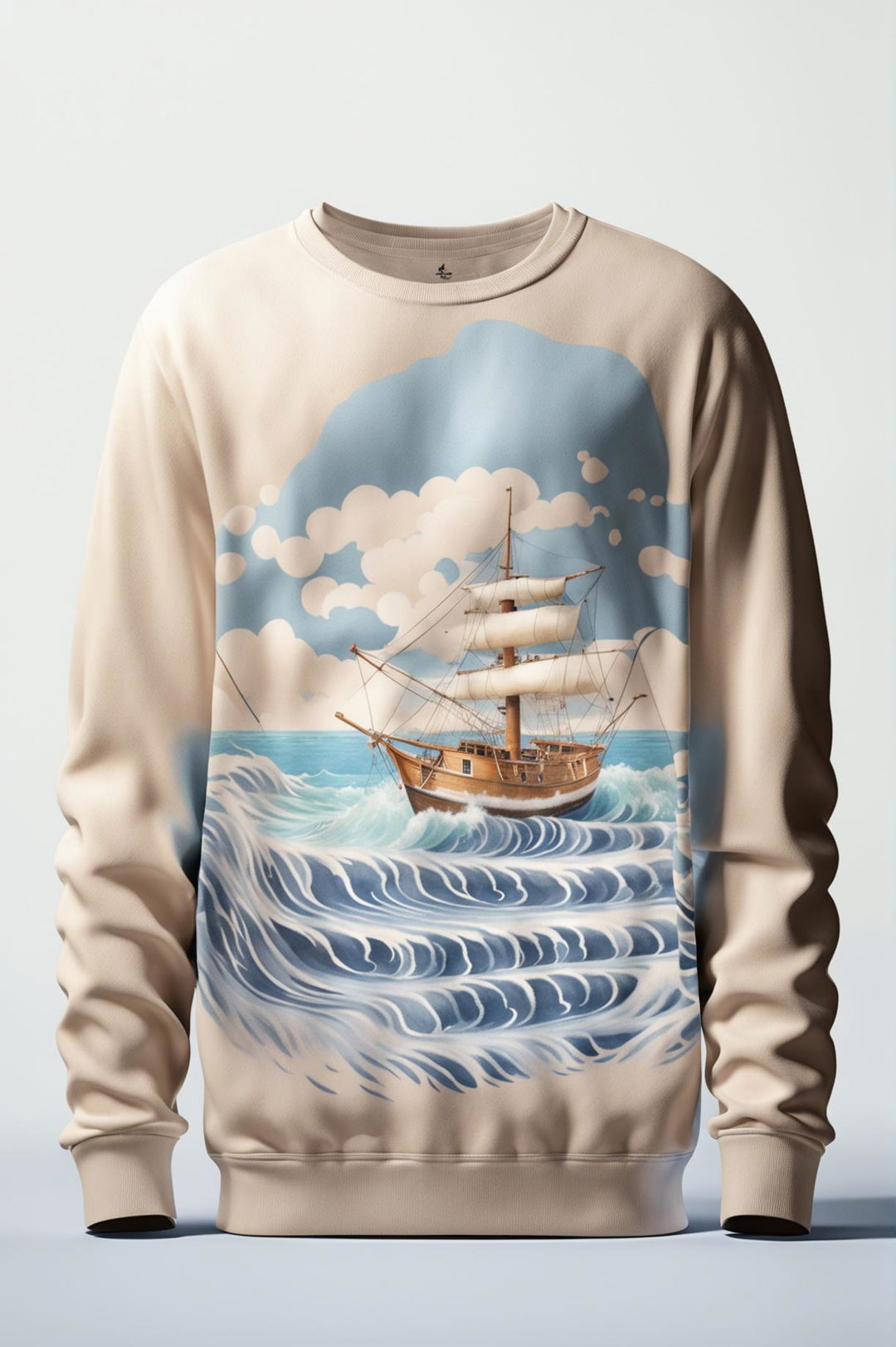 A high-resolution 3D rendered image of a luxurious alpaca hair crewneck sweatshirt featuring a Wes Anderson-inspired ocean and boat print