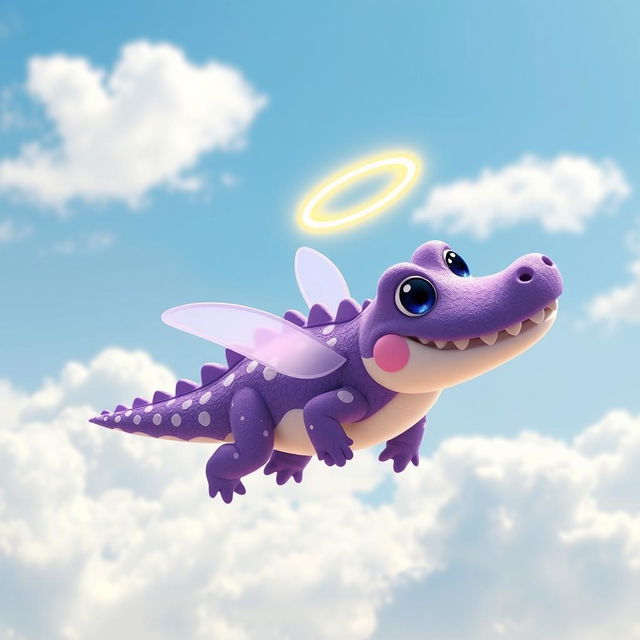 A cute little flying purple crocodile adorned with a glowing halo and unique white markings on its body