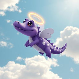 A cute little flying purple crocodile adorned with a glowing halo and unique white markings on its body