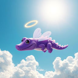 A cute little flying purple crocodile adorned with a glowing halo and unique white markings on its body