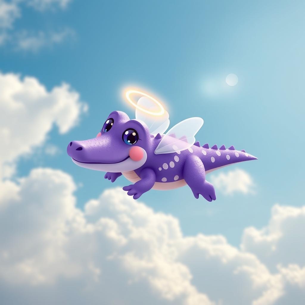 A cute little flying purple crocodile adorned with a glowing halo and unique white markings on its body