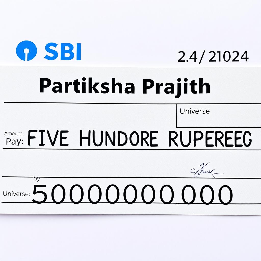 A realistic and detailed image of a cheque, featuring the following specifications: The name "Pratiksha Prajith" prominently displayed on the first line, directly in front of the word "Pay"