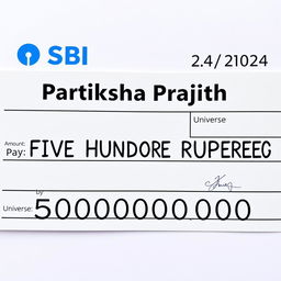 A realistic and detailed image of a cheque, featuring the following specifications: The name "Pratiksha Prajith" prominently displayed on the first line, directly in front of the word "Pay"