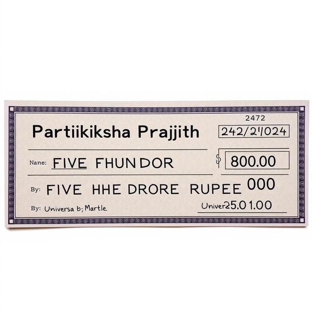 A realistic and detailed image of a cheque, featuring the following specifications: The name "Pratiksha Prajith" prominently displayed on the first line, directly in front of the word "Pay"