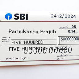 A realistic and detailed image of a cheque, featuring the following specifications: The name "Pratiksha Prajith" prominently displayed on the first line, directly in front of the word "Pay"
