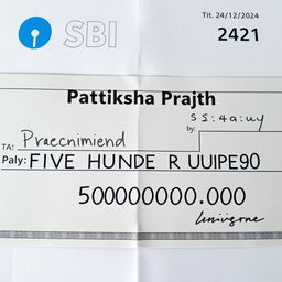 A realistic and detailed image of a cheque, featuring the following specifications: The name "Pratiksha Prajith" prominently displayed on the first line, directly in front of the word "Pay"
