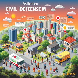 An informative and visually engaging representation of civil defense measures, showcasing a cityscape with various protective structures and strategies in place