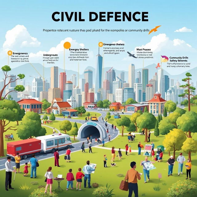 An informative and visually engaging representation of civil defense measures, showcasing a cityscape with various protective structures and strategies in place