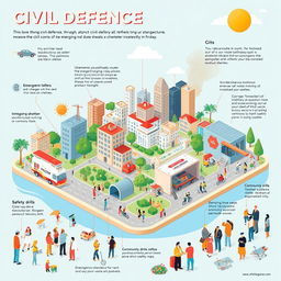 An informative and visually engaging representation of civil defense measures, showcasing a cityscape with various protective structures and strategies in place