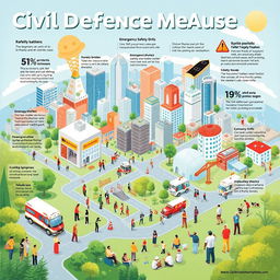 An informative and visually engaging representation of civil defense measures, showcasing a cityscape with various protective structures and strategies in place