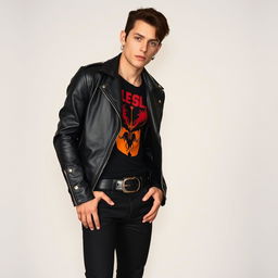 A 24-year-old man embodying a rock band aesthetic, wearing a stylish black leather jacket over a uniquely designed top that features bold colors or patterns