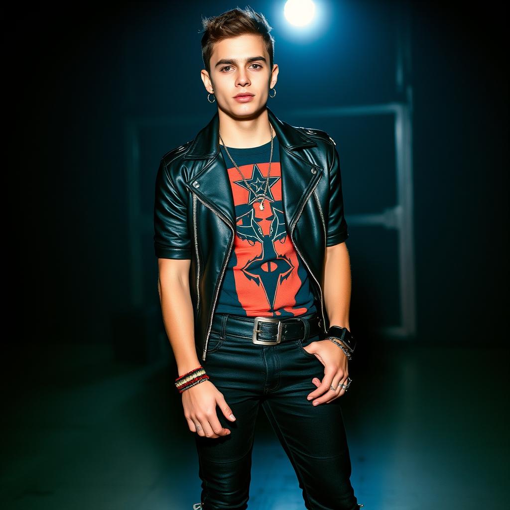 A 24-year-old man embodying a rock band aesthetic, wearing a stylish black leather jacket over a uniquely designed top that features bold colors or patterns