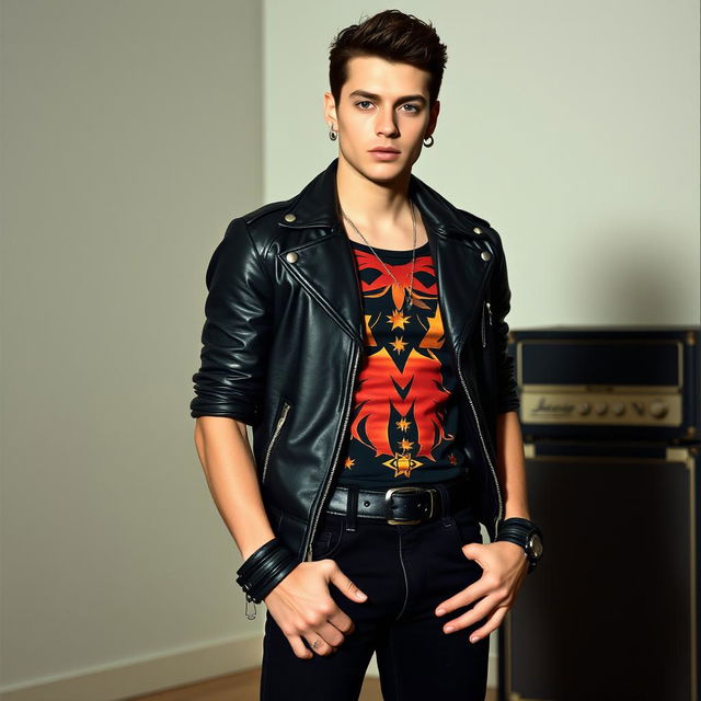 A 24-year-old man embodying a rock band aesthetic, wearing a stylish black leather jacket over a uniquely designed top that features bold colors or patterns