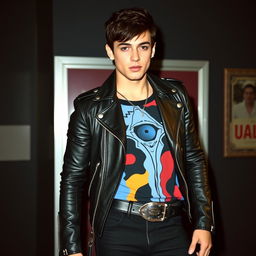 A 24-year-old man embodying a rock band aesthetic, wearing a stylish black leather jacket over a uniquely designed top that features bold colors or patterns