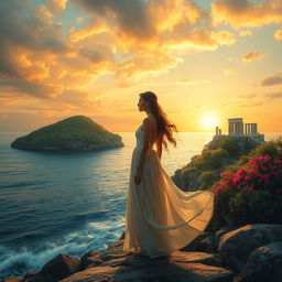 A solemn protagonist stands on the shores of the mystical Island of Thrylos, her eyes filled with sorrow after experiencing profound loss