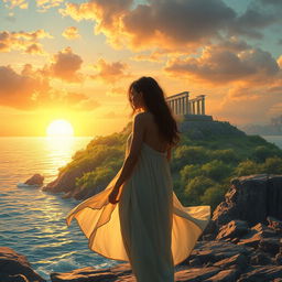 A solemn protagonist stands on the shores of the mystical Island of Thrylos, her eyes filled with sorrow after experiencing profound loss
