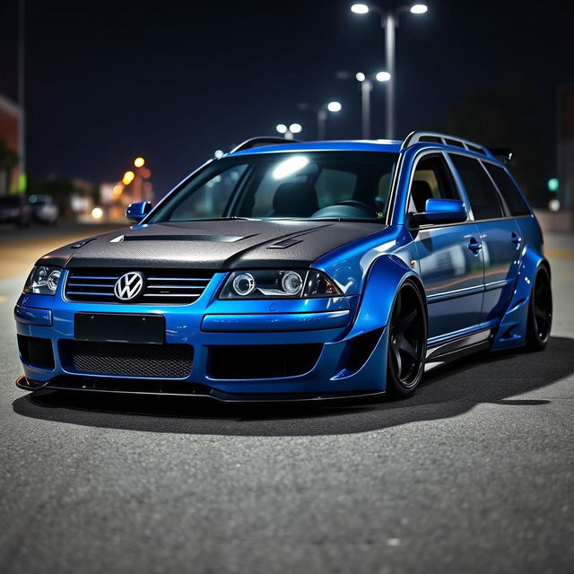 A blue 2001 widebody VW Passat R36 wagon designed as a drift car, featuring a carbon fiber hood