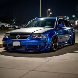A blue 2001 widebody VW Passat R36 wagon designed as a drift car, featuring a carbon fiber hood