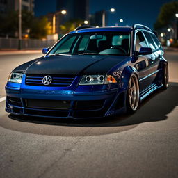 A blue 2001 widebody VW Passat R36 wagon designed as a drift car, featuring a carbon fiber hood