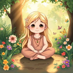 A whimsical illustration of a young child with a peaceful expression, sitting cross-legged in a serene garden surrounded by nature